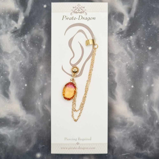 Pink/Orange Oval Gem with Gold Chains Pierced Earcuff (EC99180)