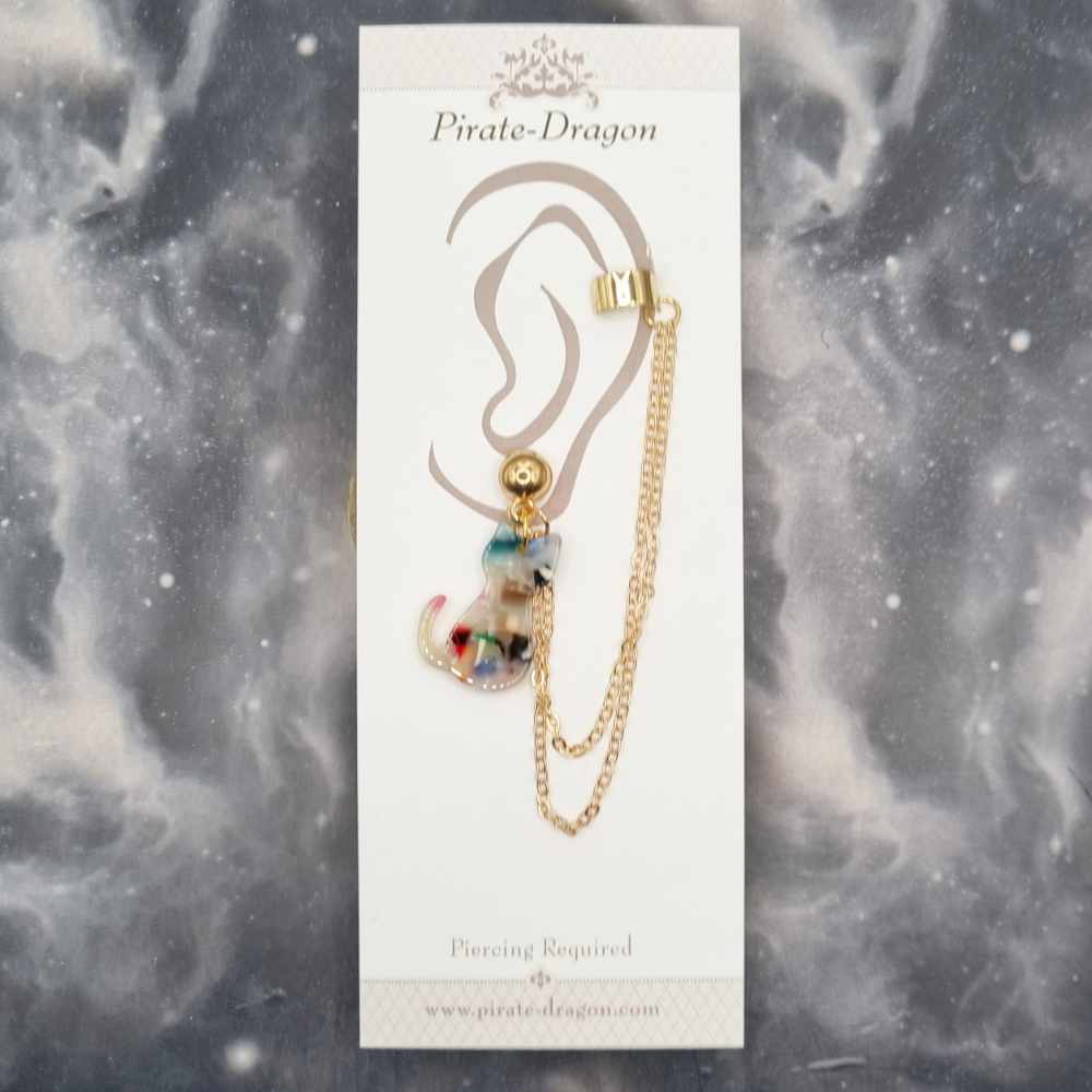 Multicolour Cat with Gold Chains Pierced Earcuff (EC99194)