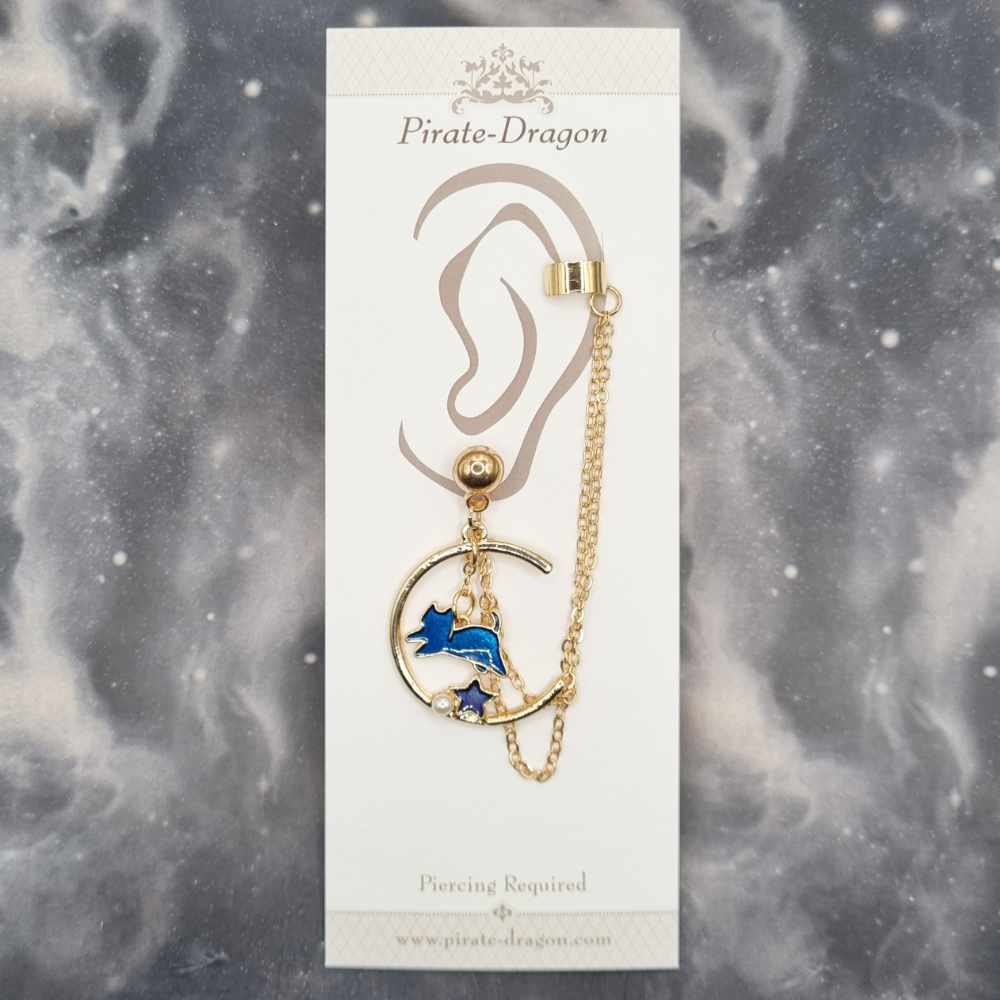 Gold & Blue Cat & Star with Gold Chains Pierced Earcuff (EC99202)