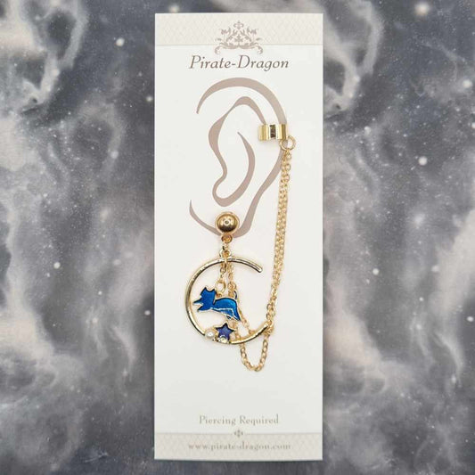 Gold & Blue Cat & Star with Gold Chains Pierced Earcuff (EC99202)