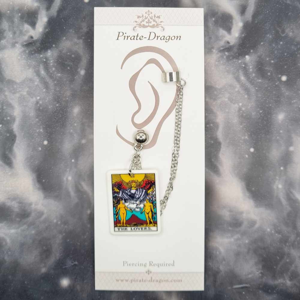 THE LOVERS Tarot Card with Silver Chains Pierced Earcuff (EC99208)