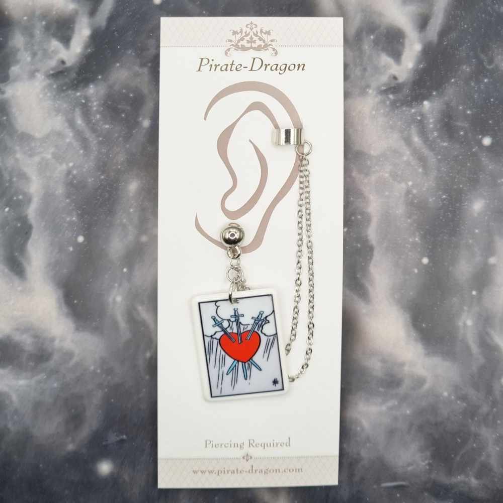 THREE OF SWORDS Tarot Card with Silver Chains Pierced Earcuff (EC99209)