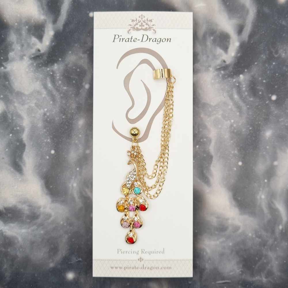 Gem Peacock with Gold Chains Pierced Earcuff (EC99331)