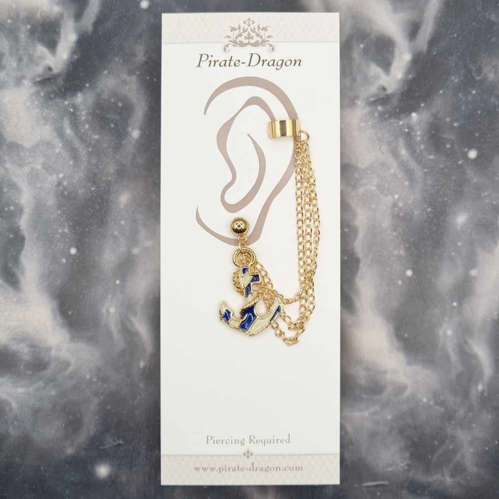 Blue/White Anchor with Gold Chains Pierced Earcuff (EC99333)