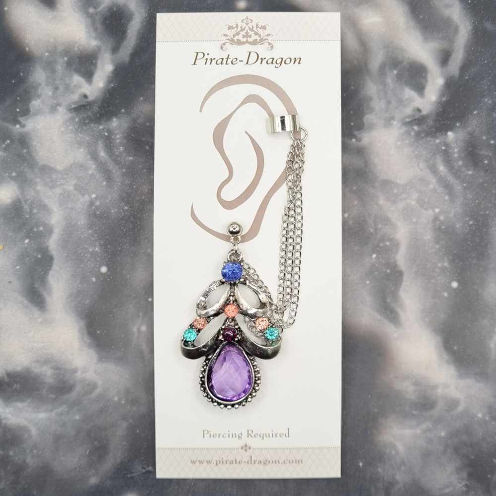 Purple Gem Drop with Silver Chains Pierced Earcuff (EC99336)