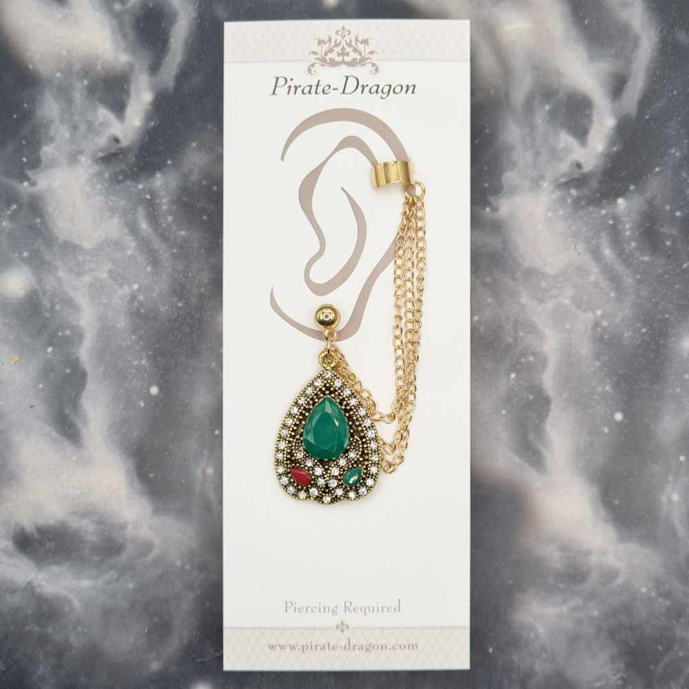 Green/Red/White Large Drop with Gold Chains Pierced Earcuff (EC99337)