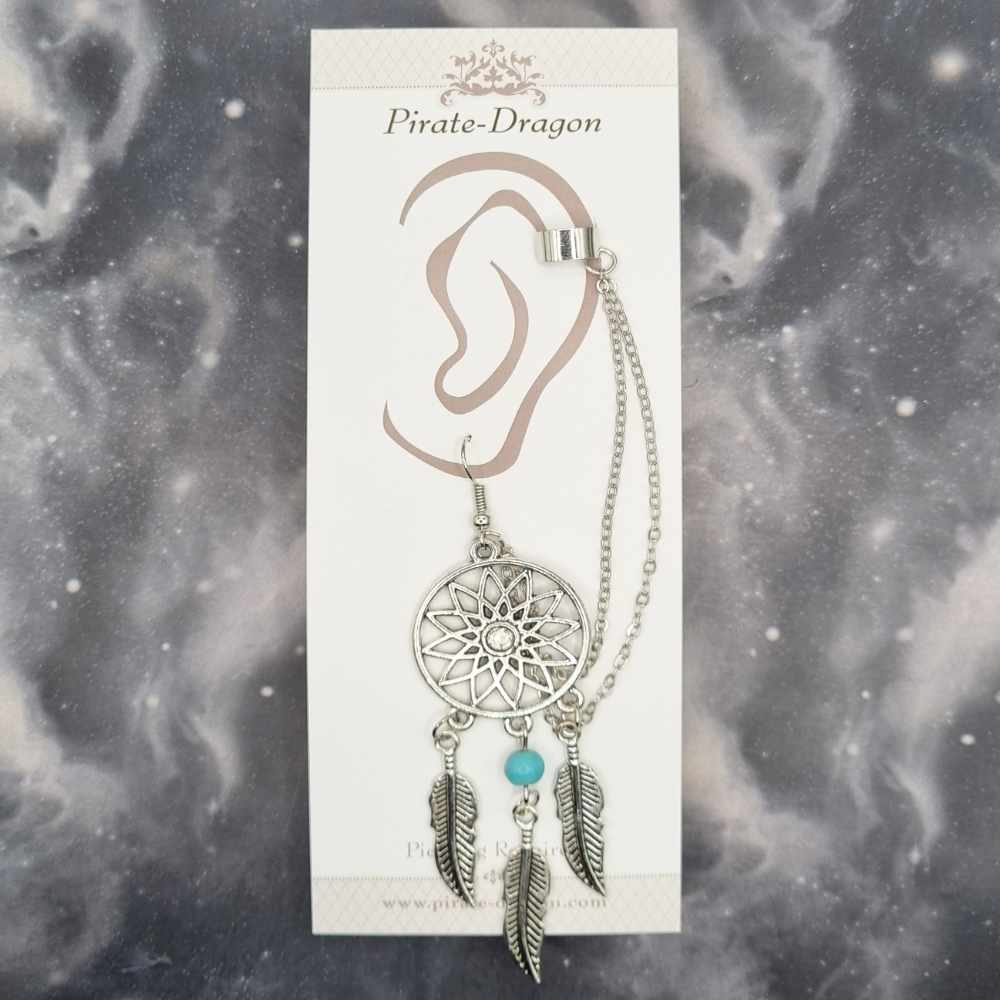 Silver Dreamcatcher with Silver Chains Pierced Earcuff (EC99358)