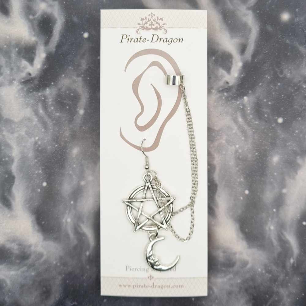 Silver Pentagram & Crescent Moon with Silver Chains Pierced Earcuff (EC99373)