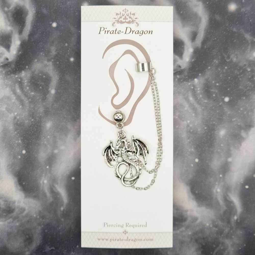 Silver Dragon with Silver Chains Pierced Earcuff (EC99374)