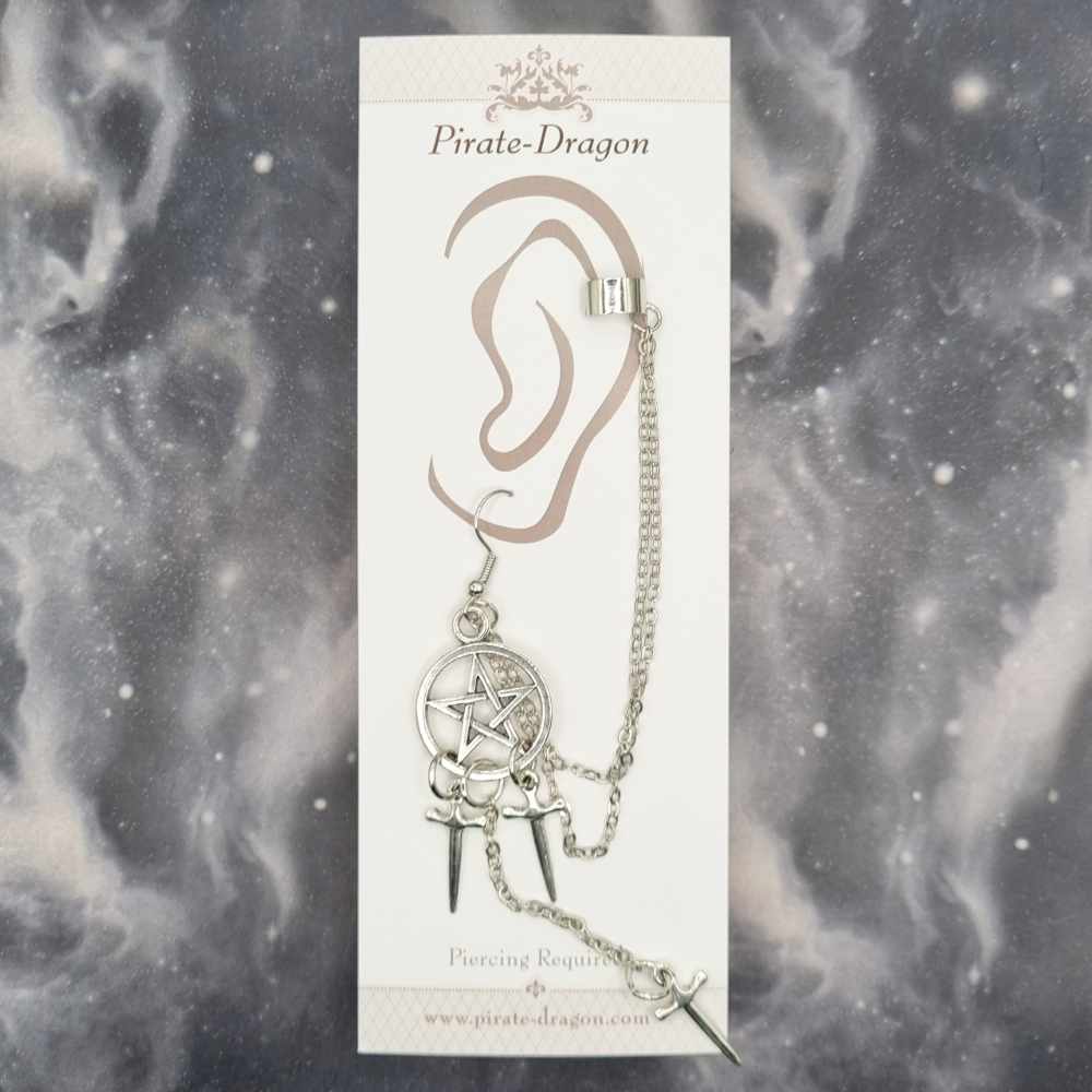 Silver Pentagram with Dagger Drops & Silver Chains Pierced Earcuff (EC99373)