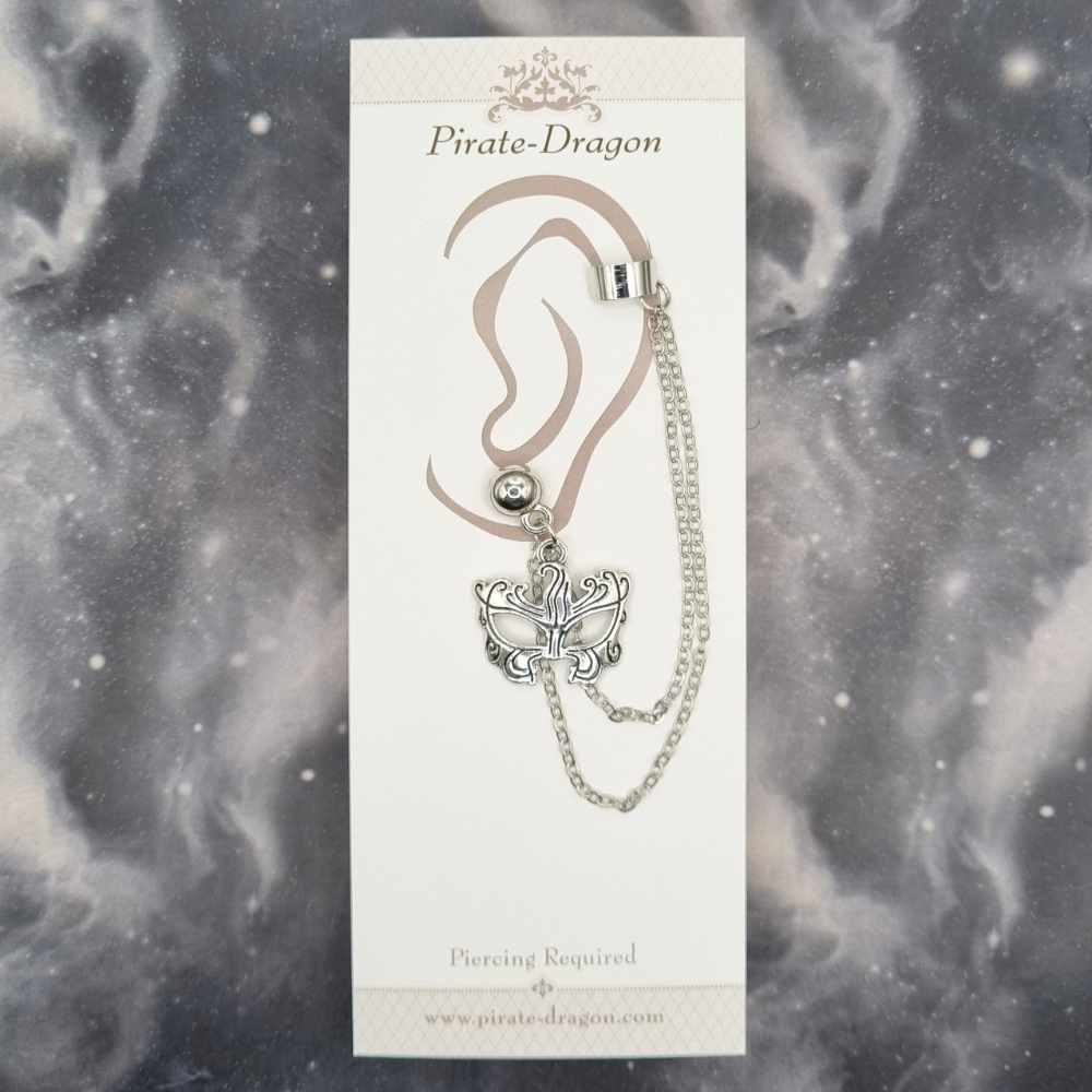 Silver Masquerade Mask with Silver Chains Pierced Earcuff (EC99381)