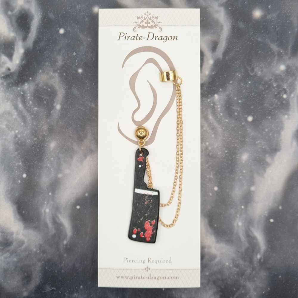 Bloody Black Hatchet with Gold Chains Pierced Earcuff (EC99398)