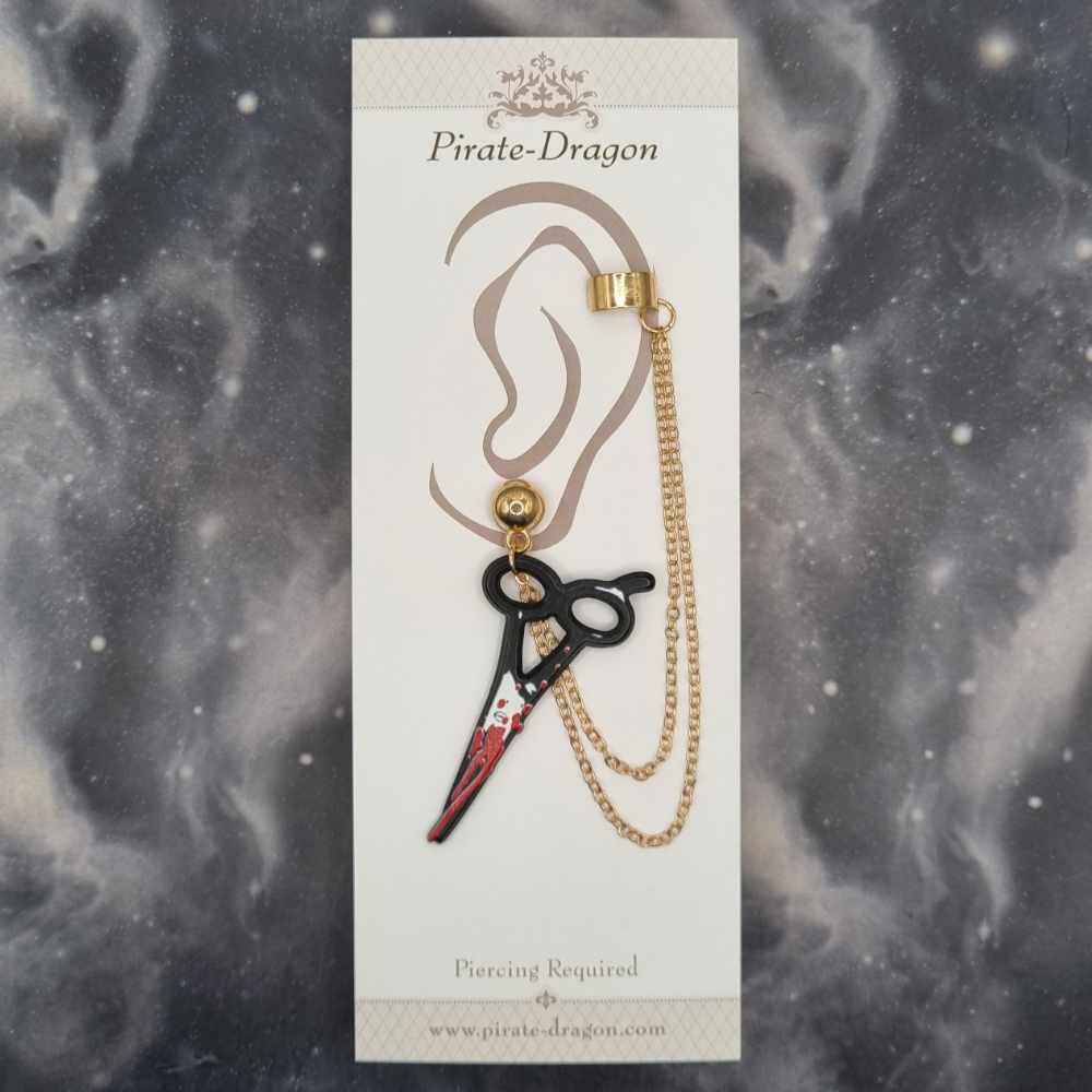 Bloody Black Scissors with Gold Chains Pierced Earcuff (EC99400)