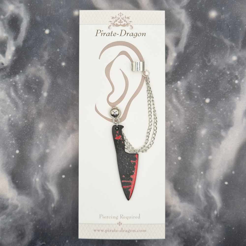 Bloody Black Knife with Silver Chains Pierced Earcuff (EC99407)