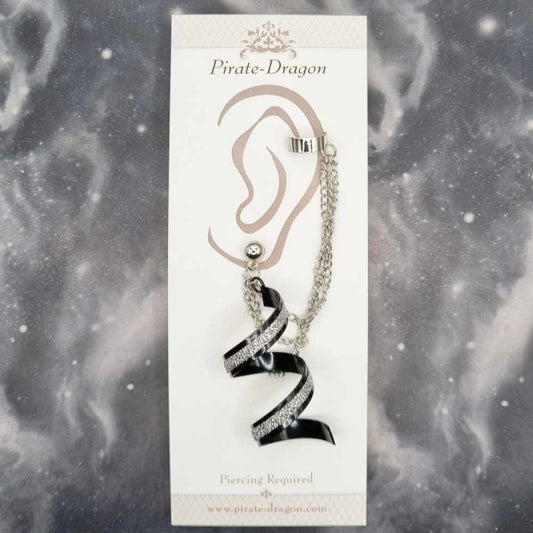 Black & Silver Glitter Curl with Silver Chains Pierced Earcuff (EC99422)