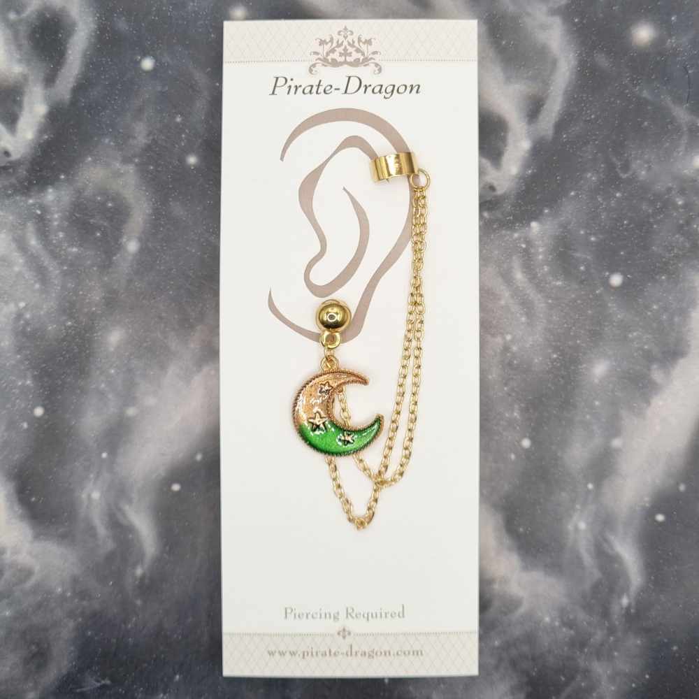 Peach & Green Crescent Moon with Gold Chains Pierced Earcuff (EC99435)