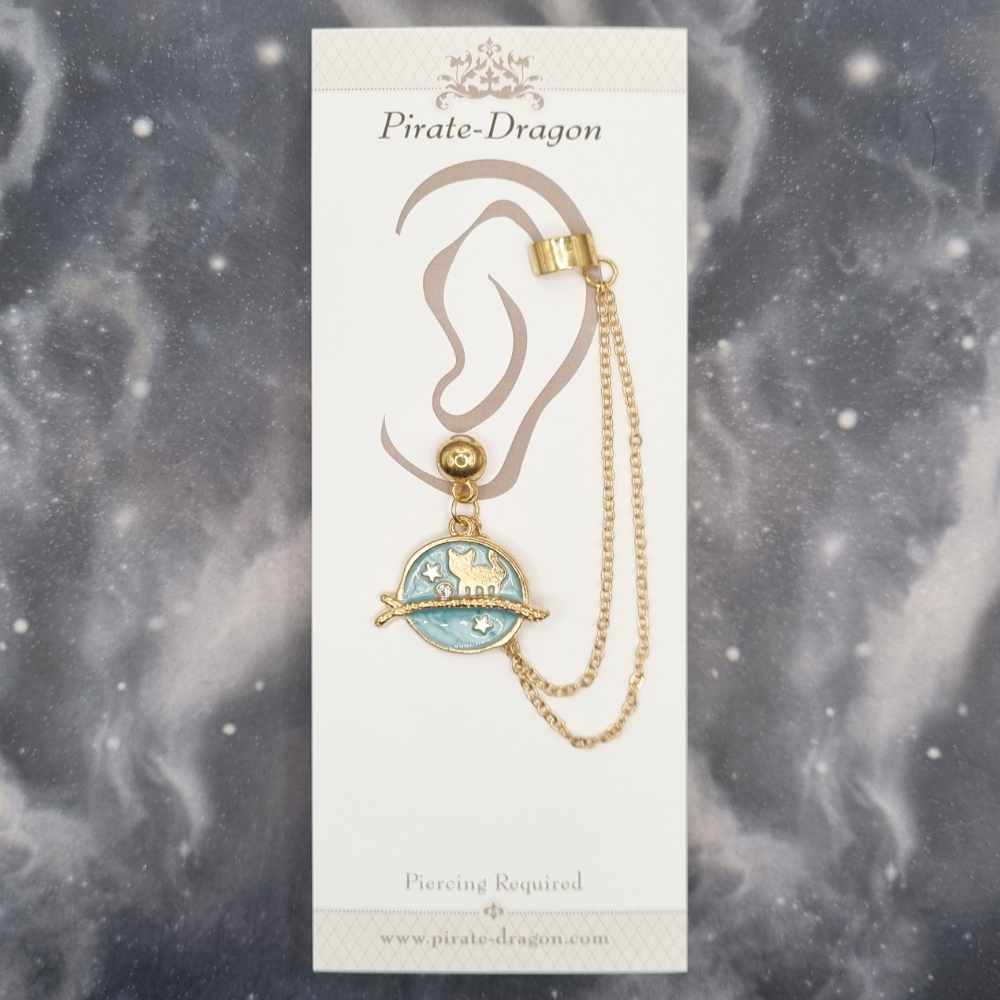 Cat Silhouette on Blue Moon with Gold Chains Pierced Earcuff (EC99440)