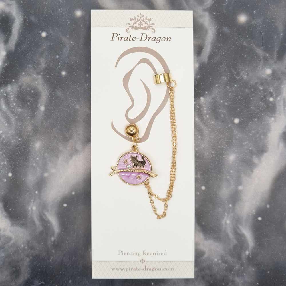 Cat Silhouette on Mauve Moon with Gold Chains Pierced Earcuff (EC99444)