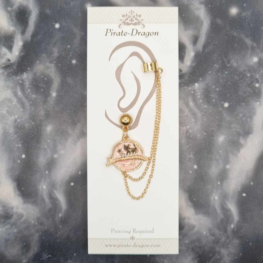 Cat Silhouette on Pink Moon with Gold Chains Pierced Earcuff (EC99445)