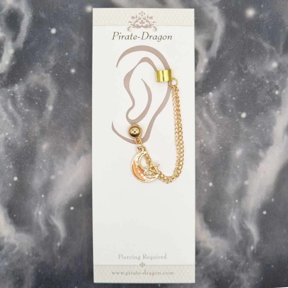 Peach Crescent Moon with Gold Chains Pierced Earcuff (EC99452)