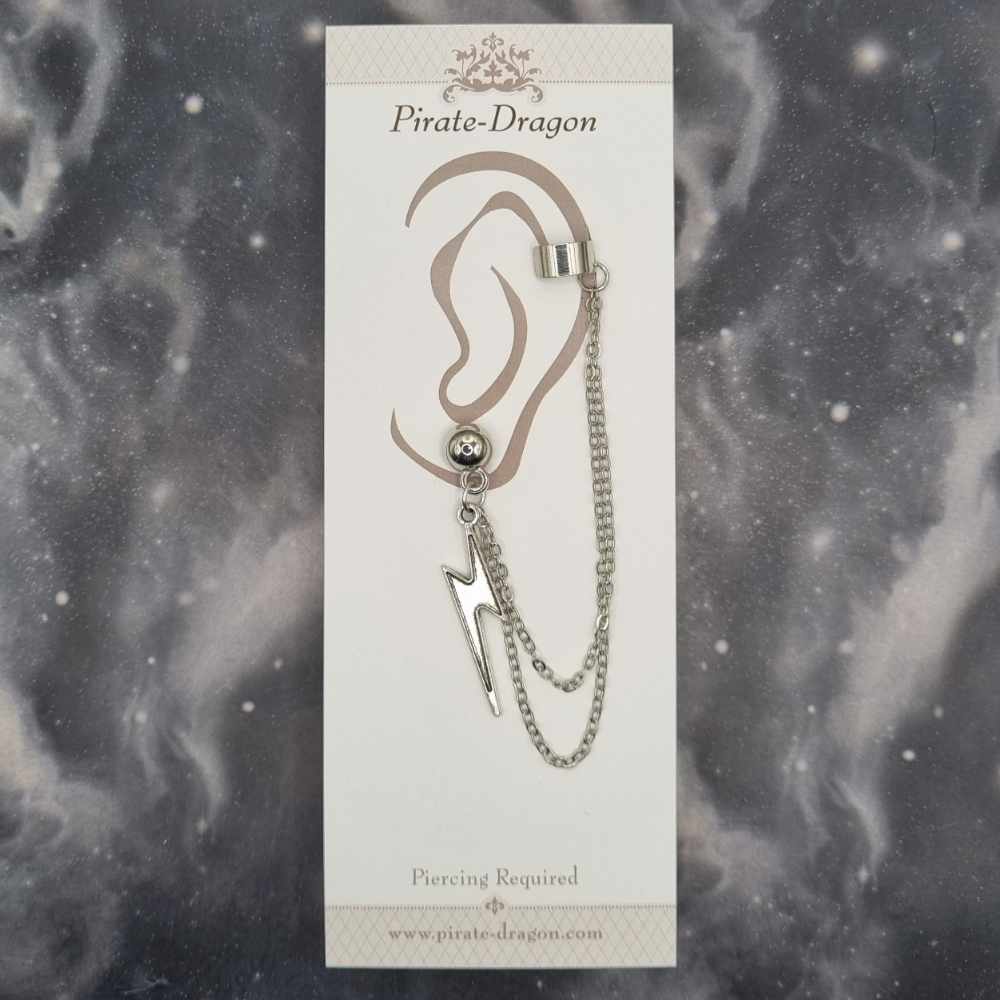 Silver Lightning Bolt with Silver Chains Pierced Earcuff (EC99459)
