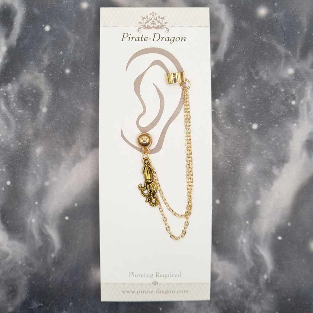 Gold Squid with Gold Chains Pierced Earcuff (EC99463)