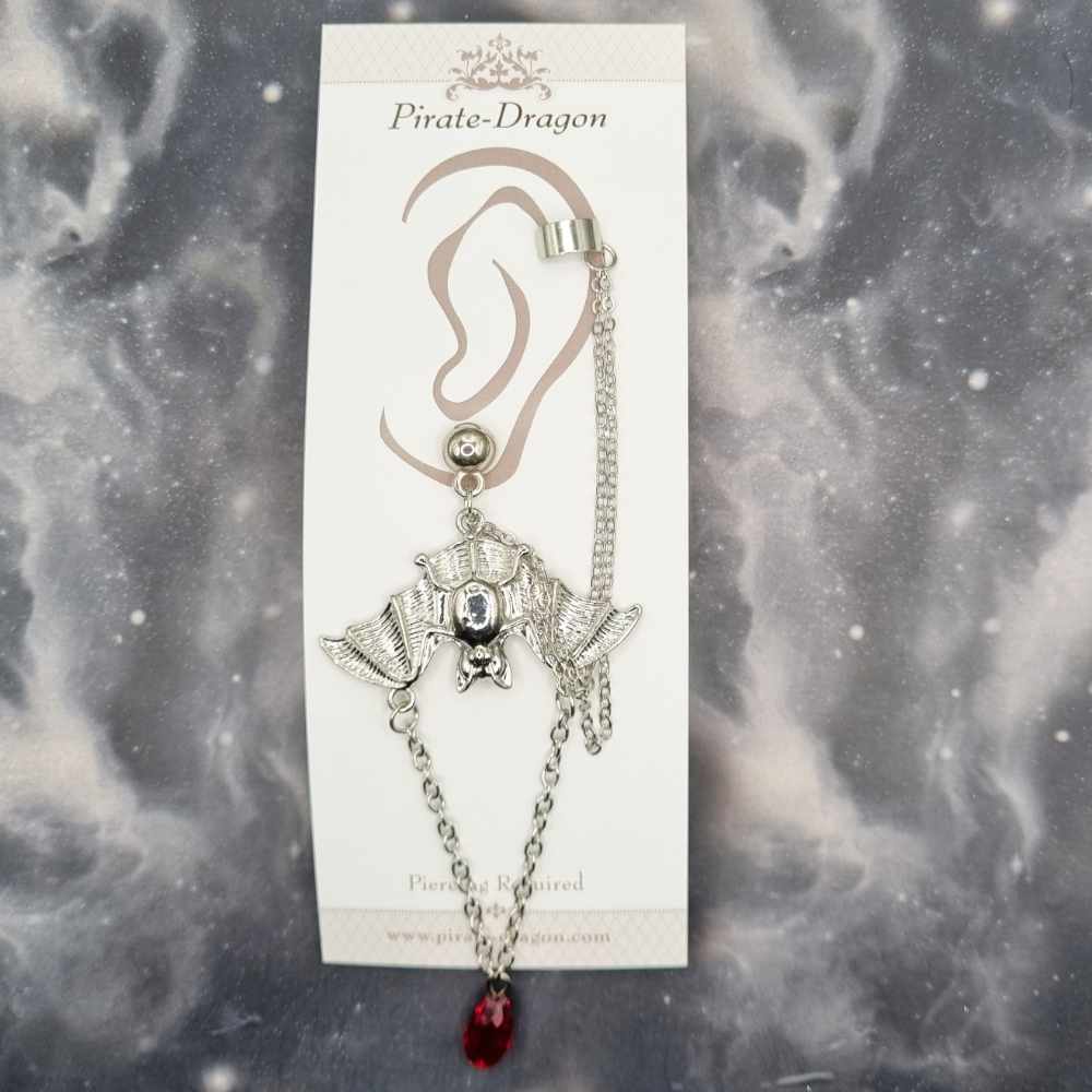 Silver Bat & Red Gem with Silver Chains Pierced Earcuff (EC99488)