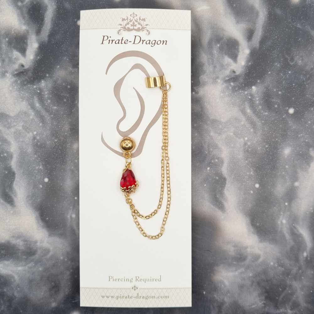 Red Gem Teardrop with Gold Chains Pierced Earcuff (EC99510)