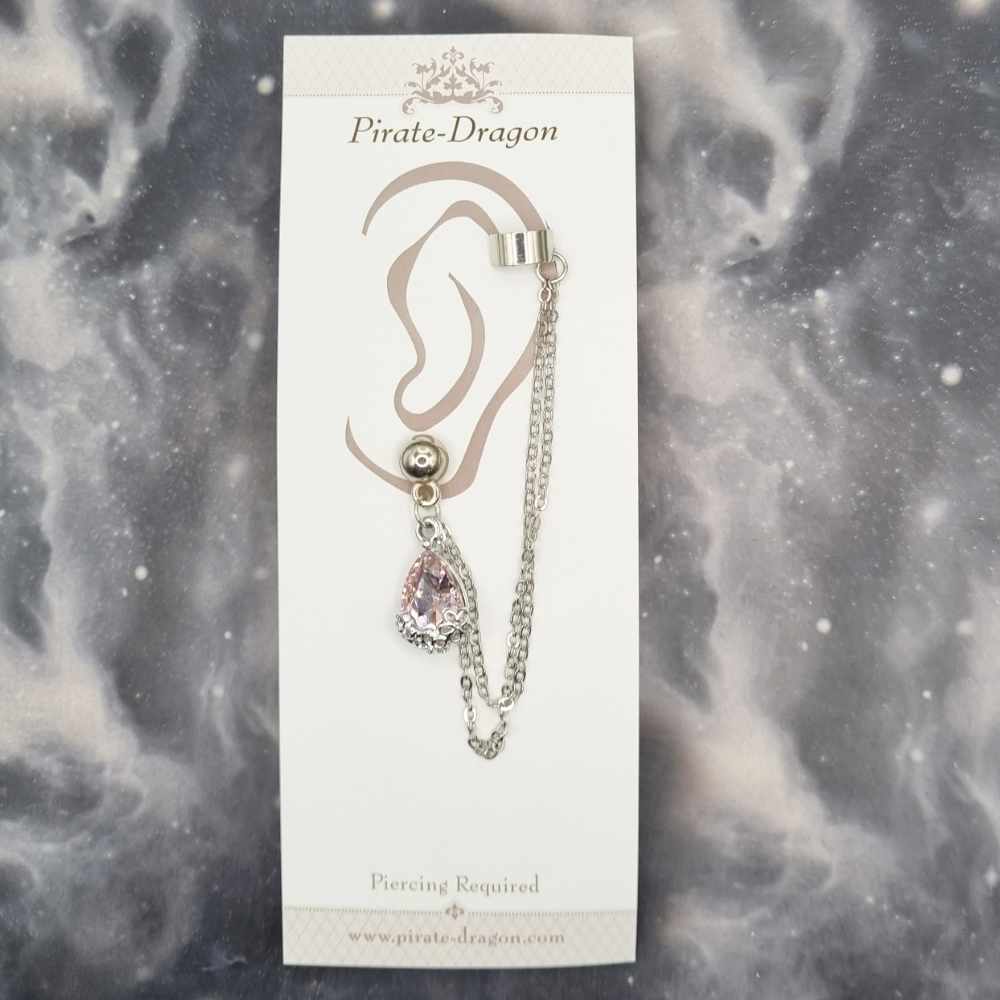 Pink Gem Teardrop with Silver Chain Pierced Earcuff (EC99515)