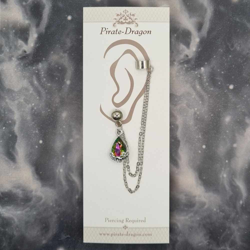 Pink/Green Gem Teardrop with Silver Chain Pierced Earcuff (EC99517)