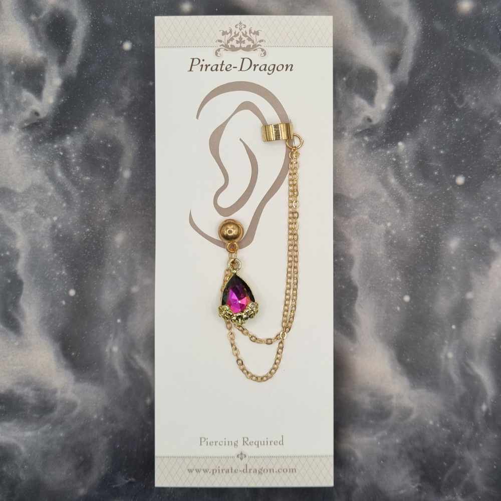 Pink/Green Gem Teardrop with Gold Chains Pierced Earcuff (EC99518)