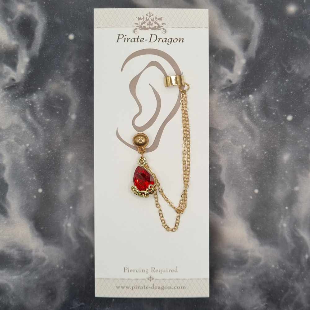 Red Gem Teardrop with Gold Chains Pierced Earcuff (EC99520)