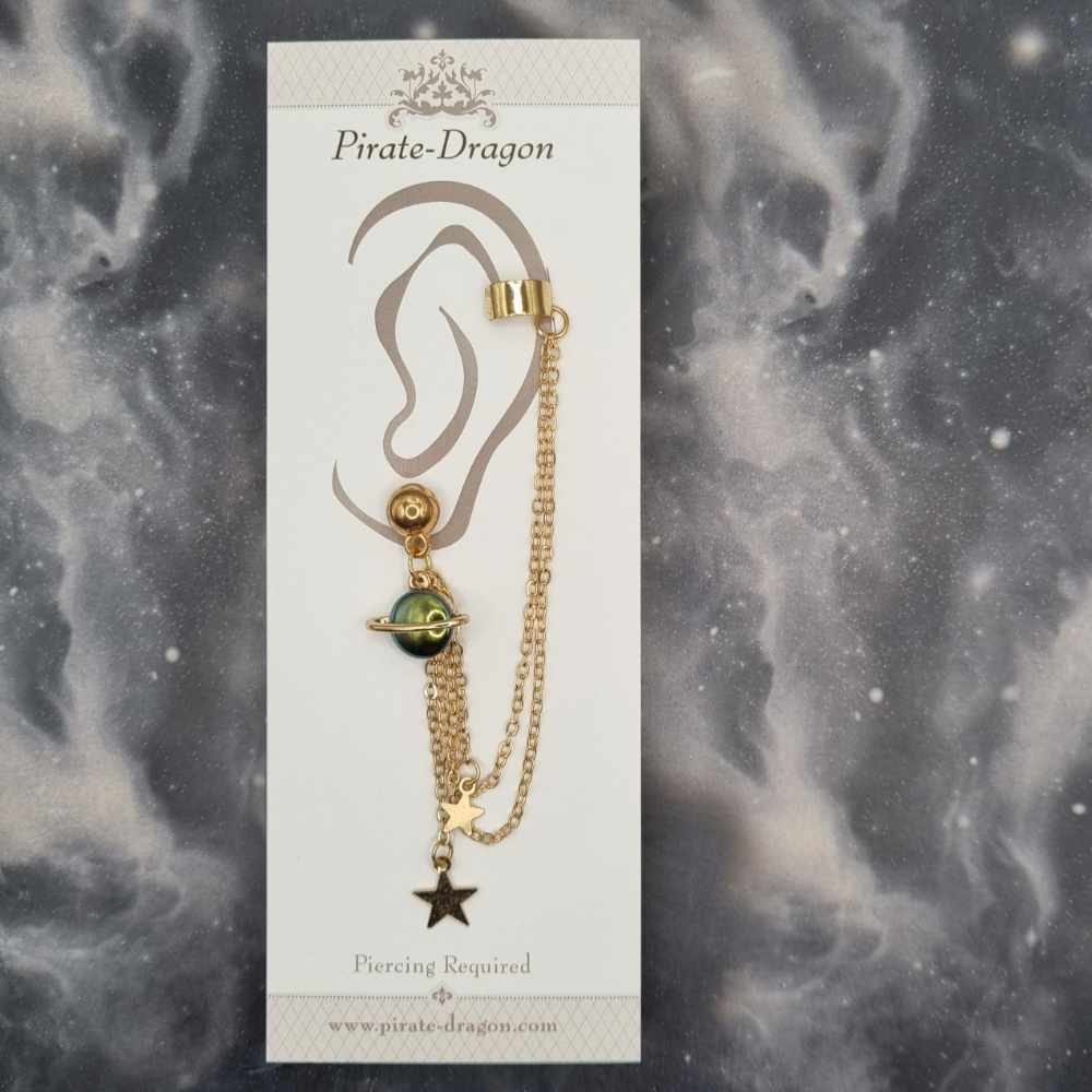 Pearlescent Green Planet & Stars with Gold Chains Pierced Earcuff (EC99553)