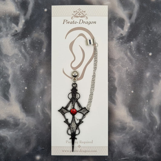Black Cross with Silver Chains Pierced Earcuff (EC99599)