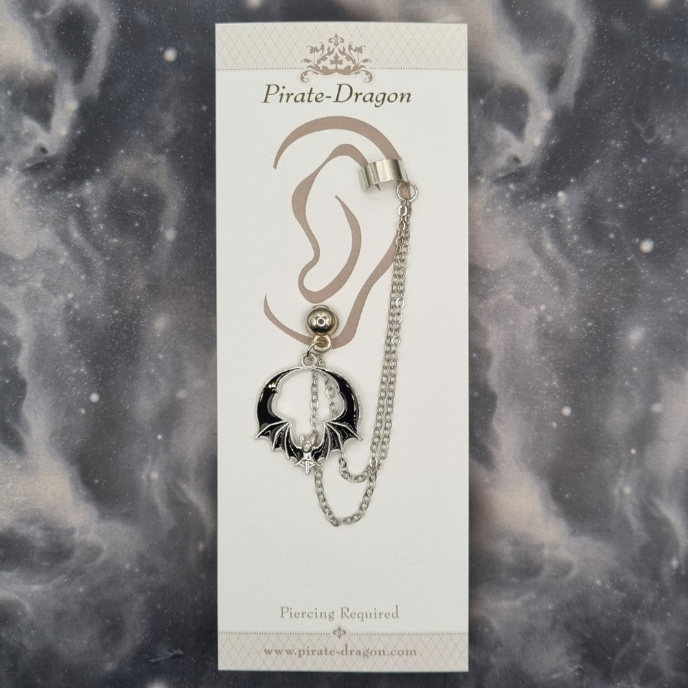 Black Bat with Silver Chains Pierced Earcuff (EC99601)