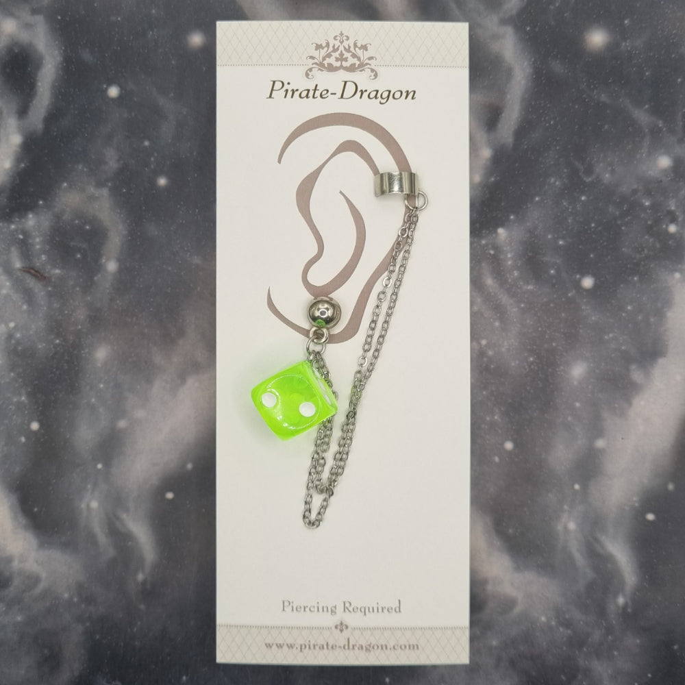 Green D6 Dice with Silver Chains Pierced Earcuff (EC99636)