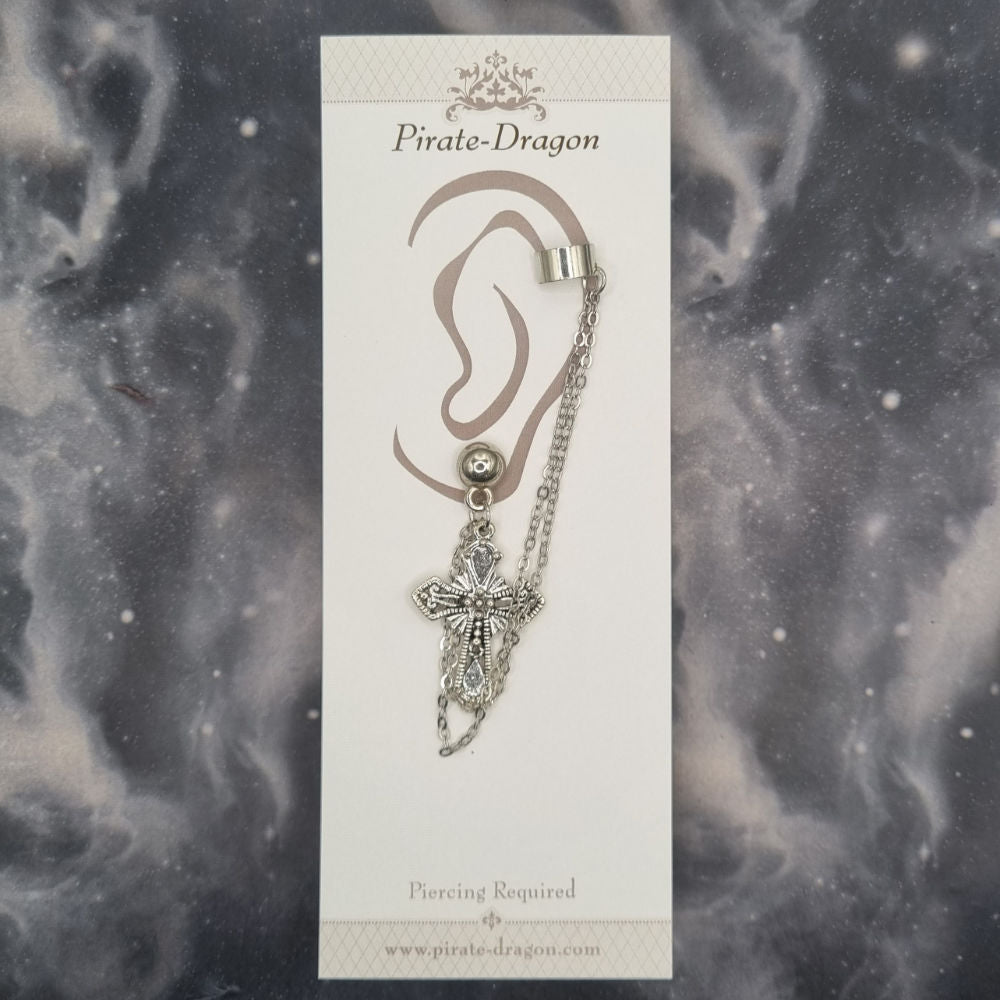 Silver Cross with Silver Chains Pierced Earcuff (EC99652)