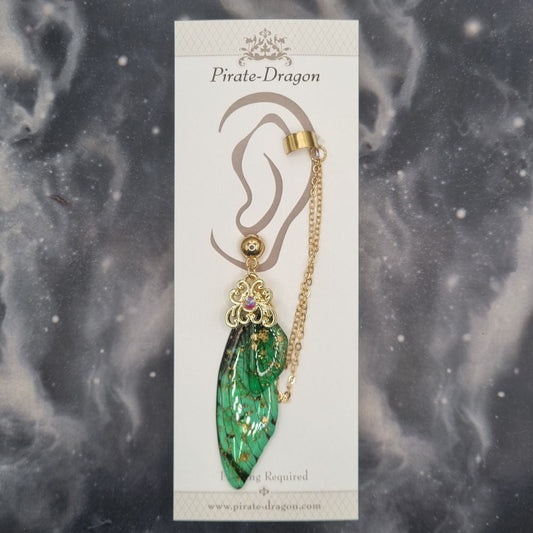 Large Green Butterfly Wing with Gold Chains Pierced Earcuff (EC99655)