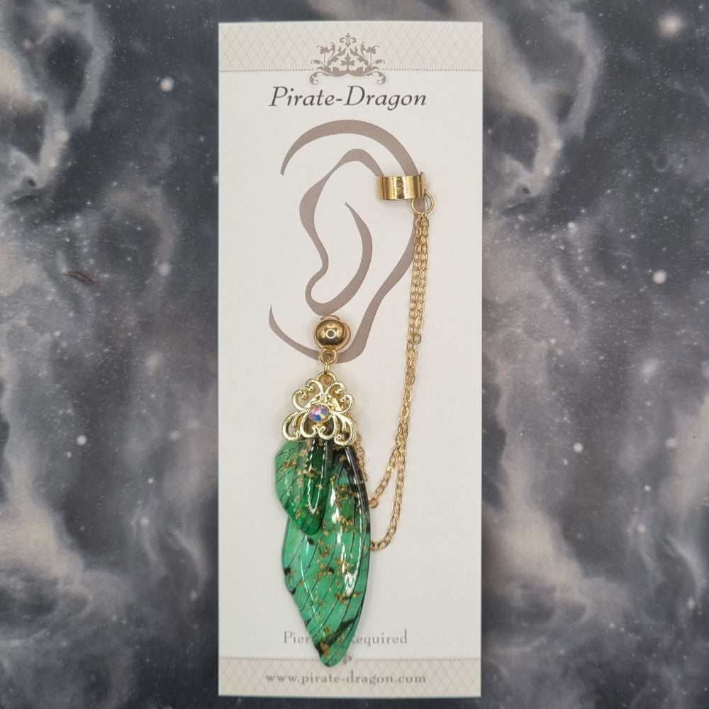 Large Green Butterfly Wing with Gold Chains Pierced Earcuff (EC99656)