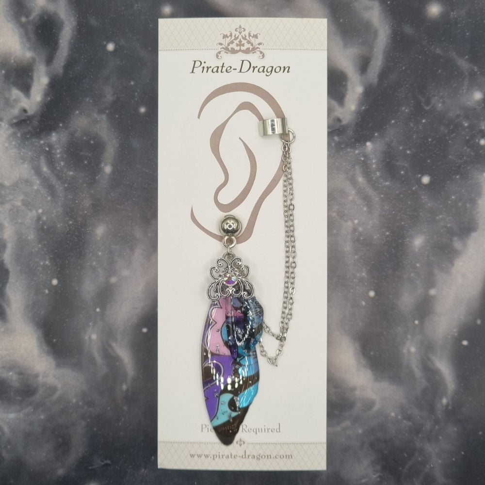 Large Pink, Blue & Purple Butterfly Wing with Silver Chains Pierced Earcuff (EC99694)
