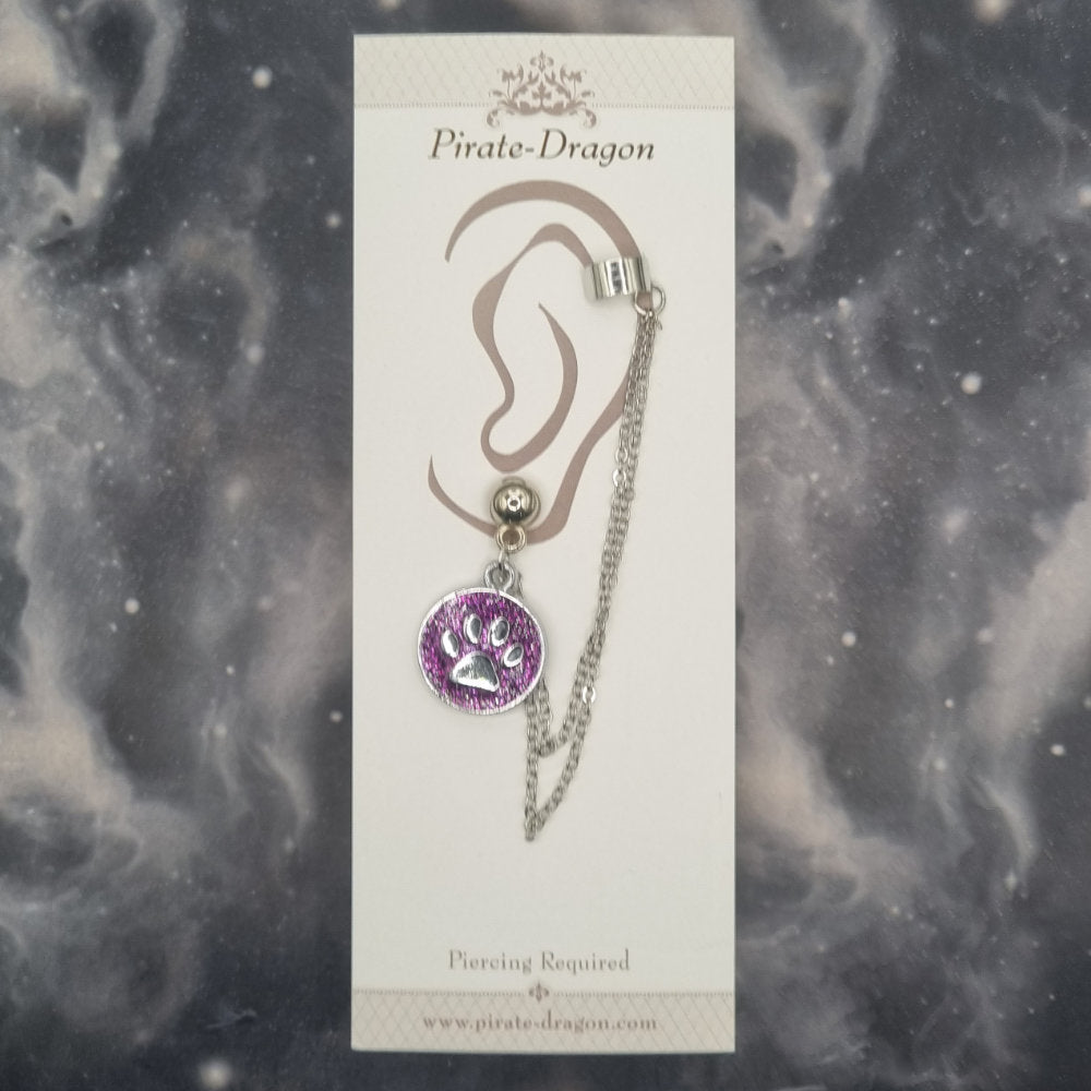 Purple Paw Print with Silver Chains Pierced Earcuff (EC99741)