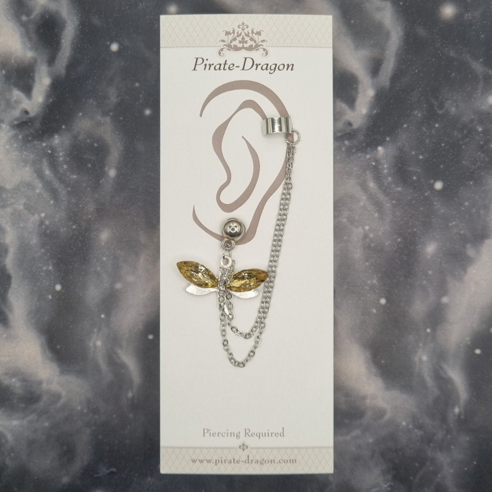 Yellow Gem Dragonfly with Silver Chains Pierced Earcuff (EC99753)