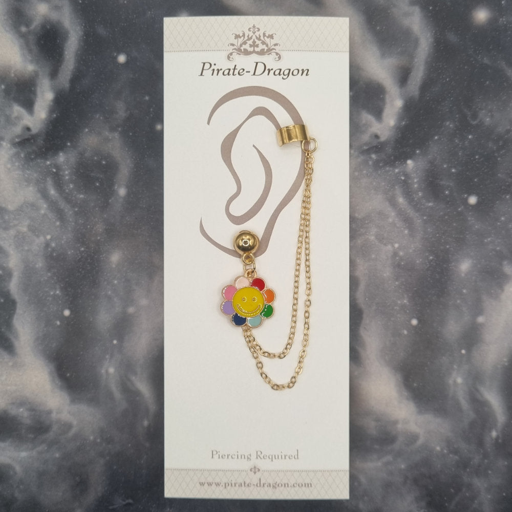 Happy Flower with Gold Chains Pierced Earcuff (EC99768)