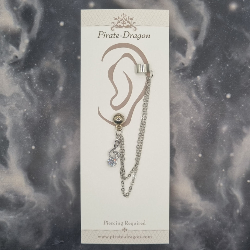 Silver G Clef & Gem with Silver Chains Pierced Earcuff (EC99770)