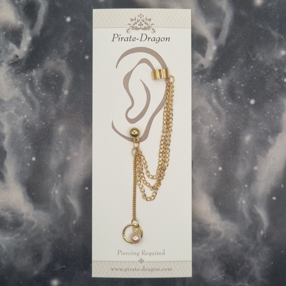 Gold & Pearl Drop with Gold Chains Pierced Earcuff (EC99773)