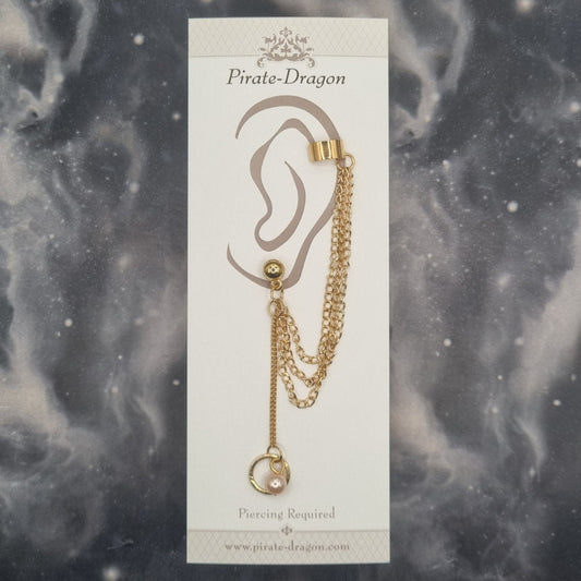 Gold & Pearl Drop with Gold Chains Pierced Earcuff (EC99773)