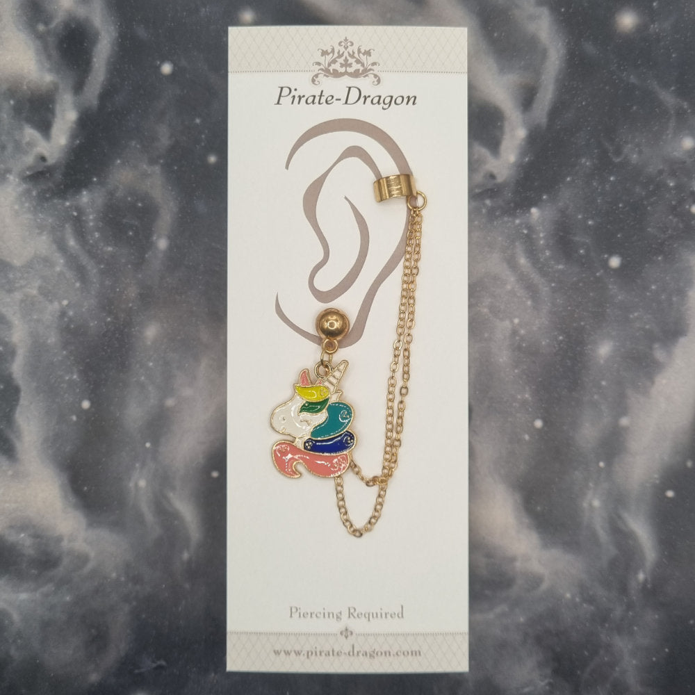 Unicorn Head with Gold Chains Pierced Earcuff (EC99774)