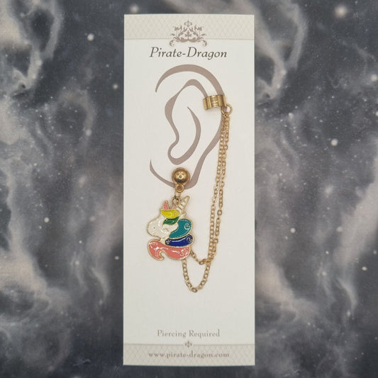 Unicorn Head with Gold Chains Pierced Earcuff (EC99774)