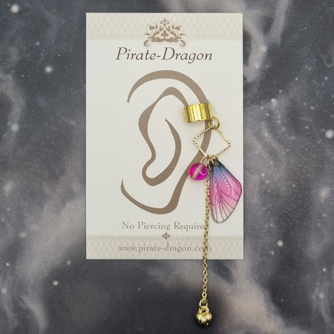 Small Gold & Blue/Pink Butterfly Wing Non-Pierced Ear Cuff (EC5068)