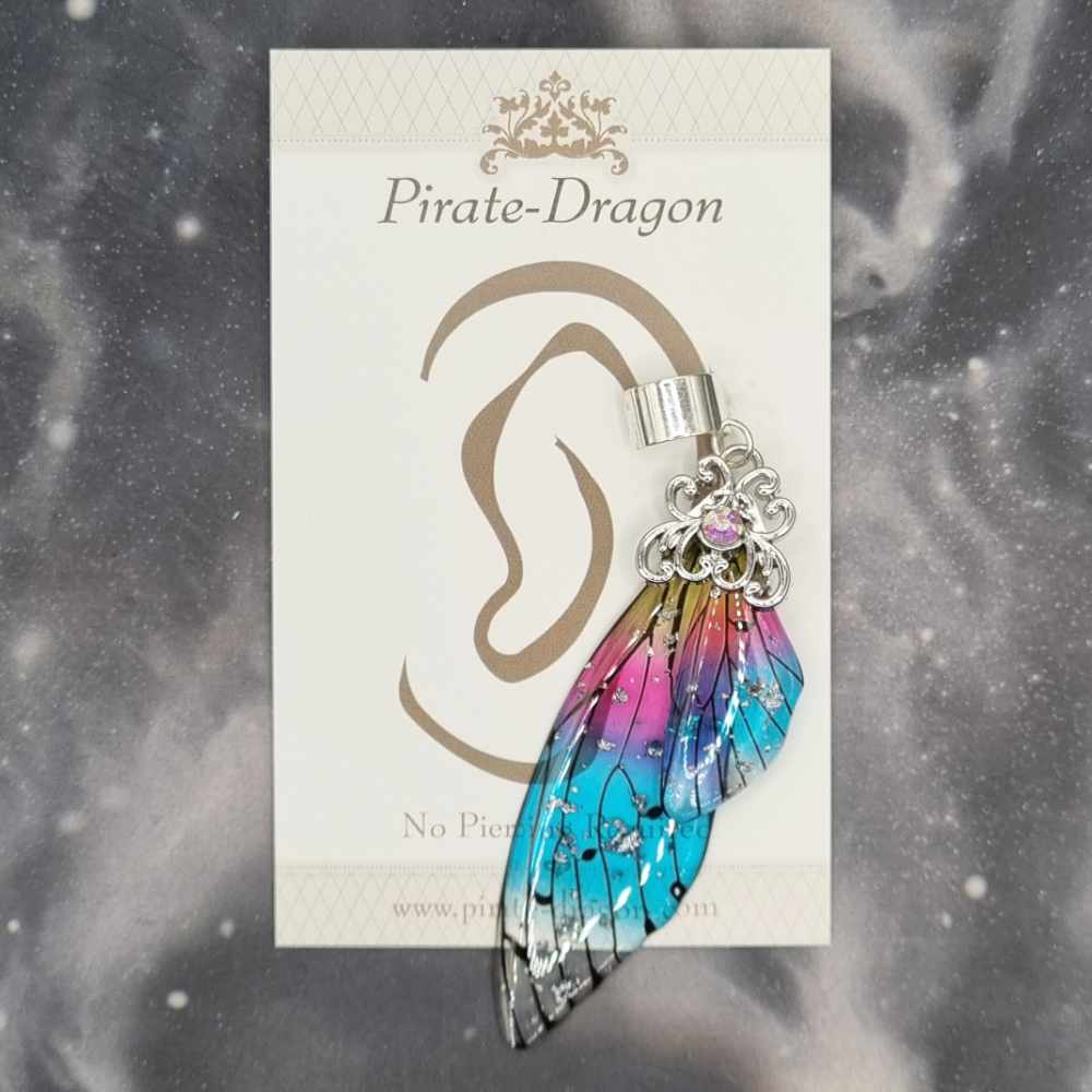 Large Silver & Rainbow Butterfly Wing Non-Pierced Ear Cuff (EC5204)